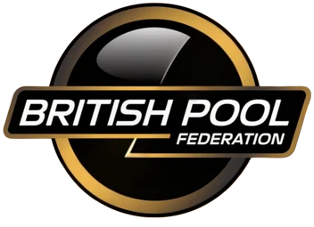 The official logo of the British Pool Federation, featuring a glossy black circular emblem with a gold border and a black horizontal banner across the center containing the white text 'BRITISH POOL FEDERATION'.