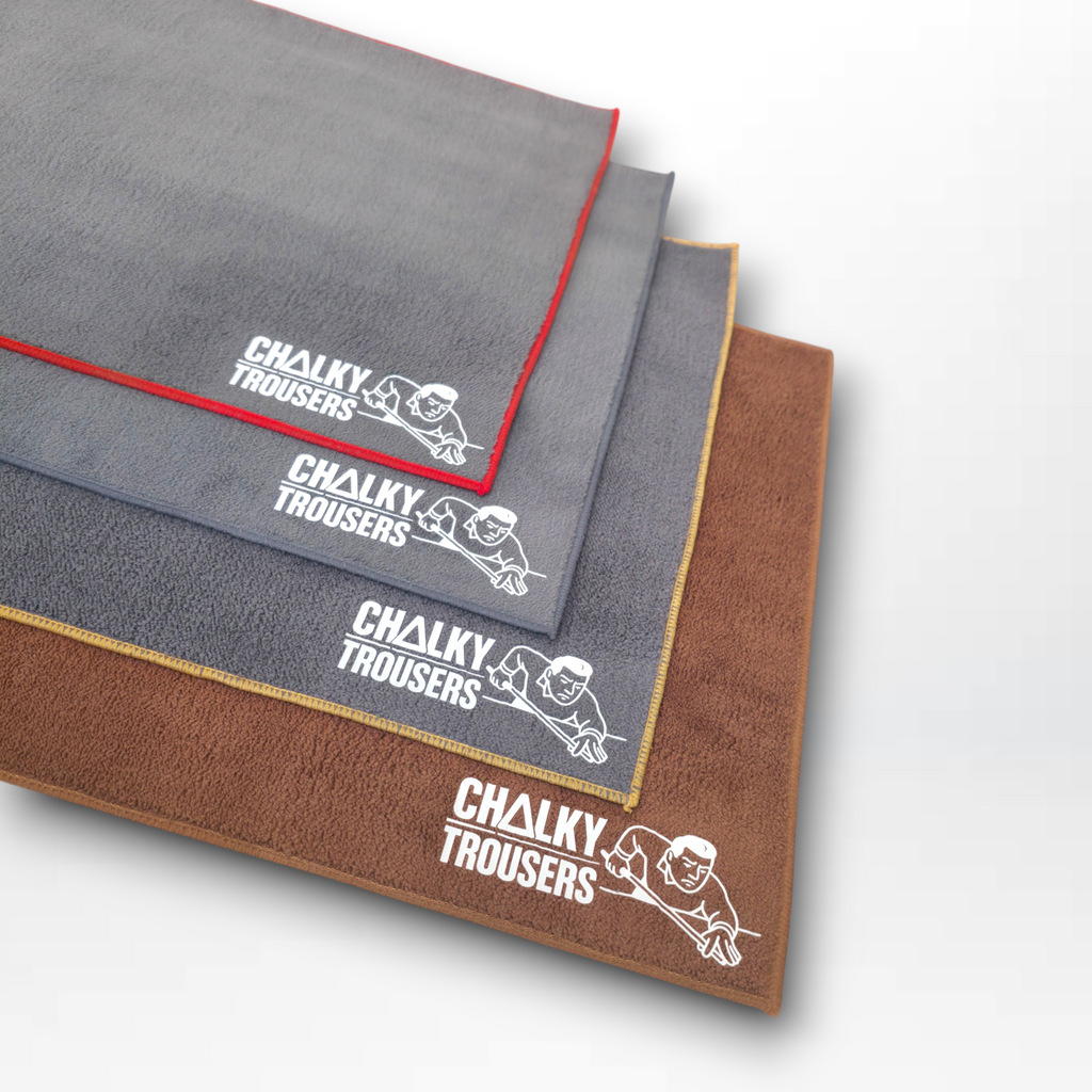 Chalky Trousers cue towels in grey, red and tan for pool and snooker players