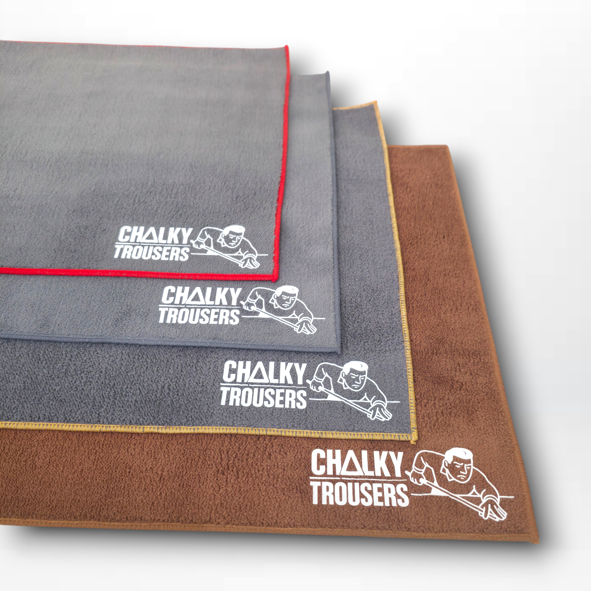 Chalky Trousers cue towels in grey, red and tan for pool and snooker players