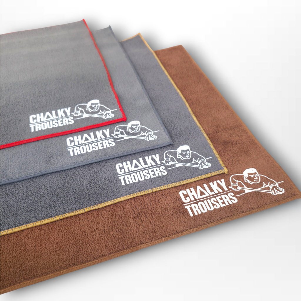 Chalky Trousers cue towels in grey, red and tan for pool and snooker players