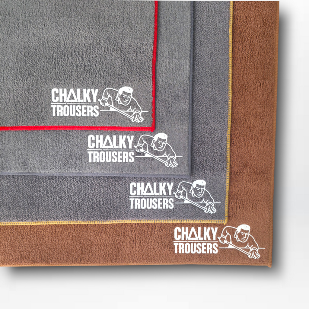 Chalky Trousers cue towels in grey, red and tan for pool and snooker players