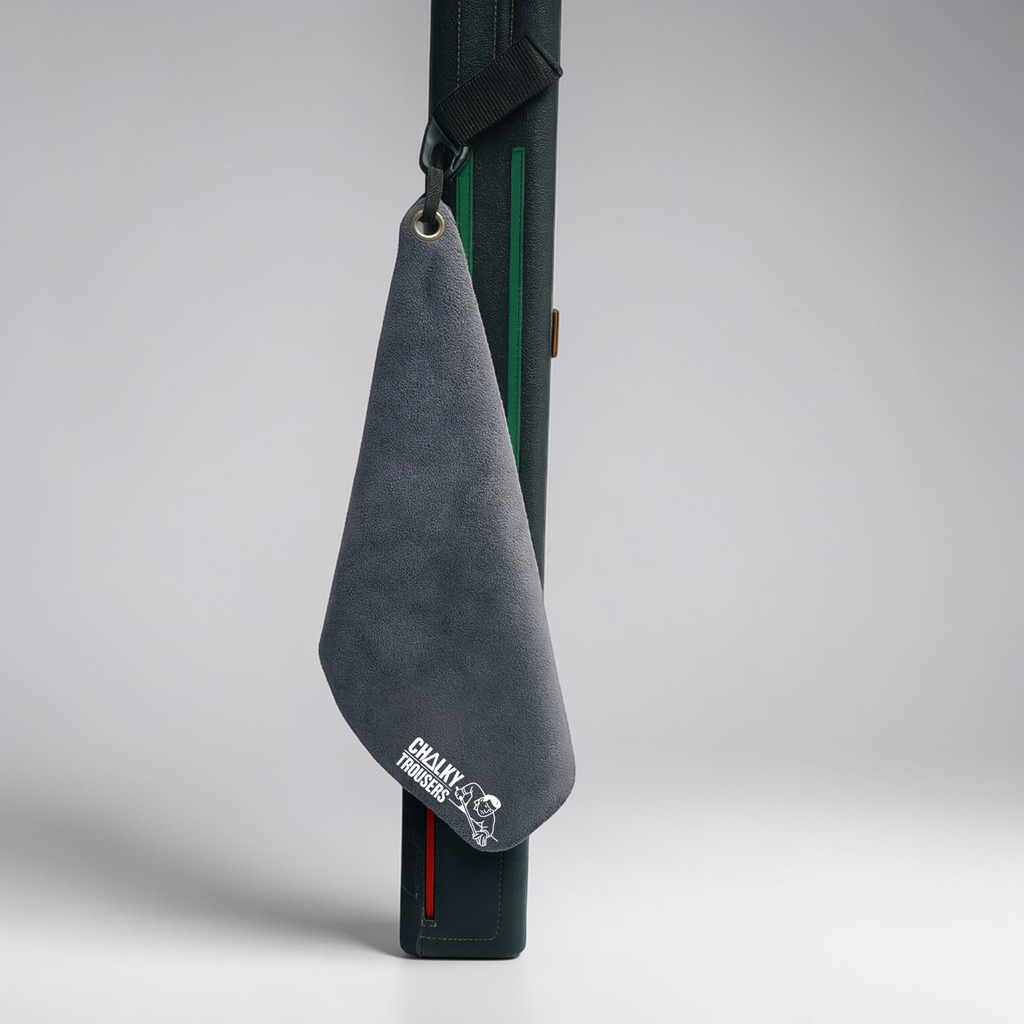 Chalky Trousers cue towels in grey, red and tan for pool and snooker players